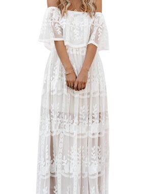 Off-Shoulder White Lace Maxi Dress with Floral Embroidery